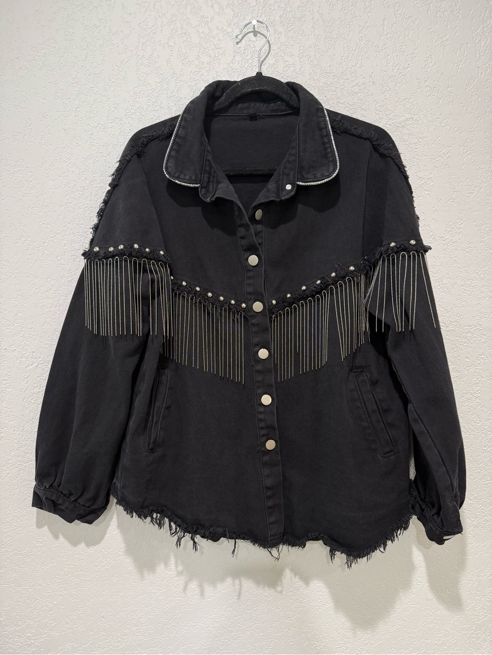Black Denim Fringe Oversized Jacket with Chain Studded Western Distressed Raw He